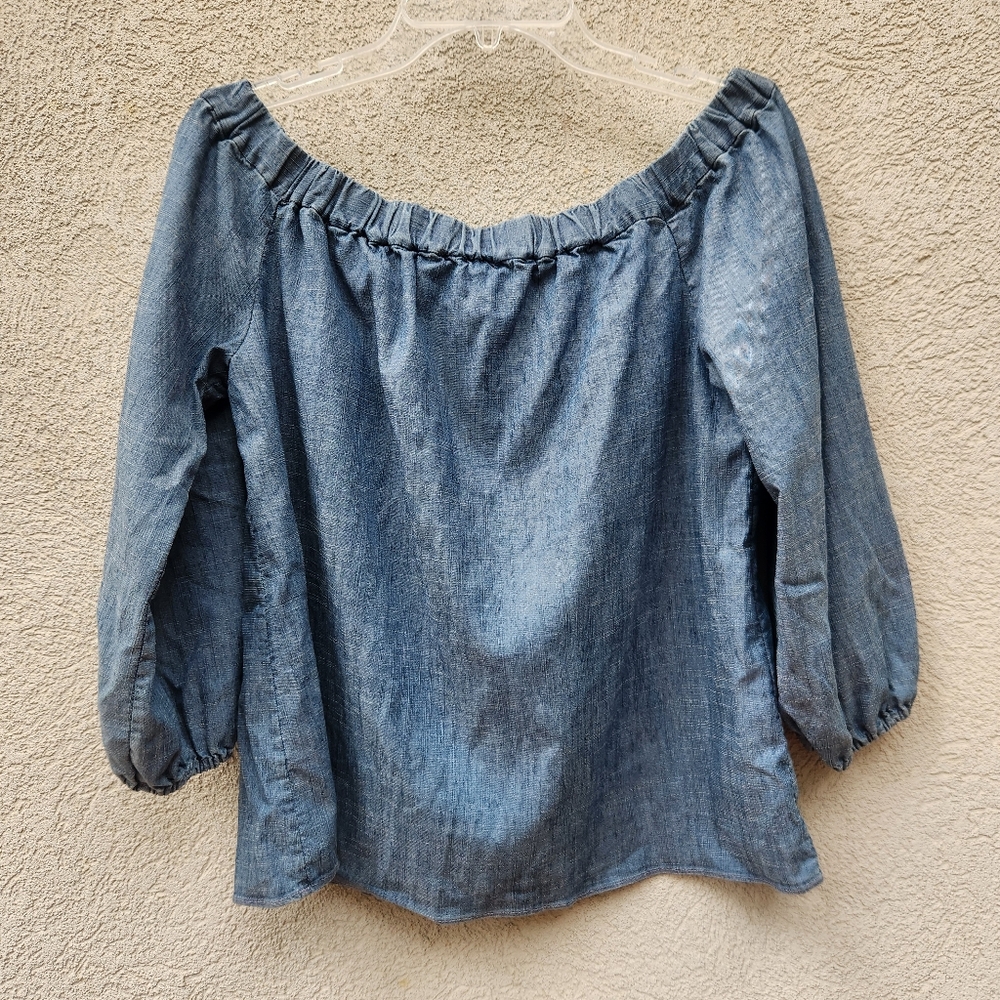 ALICE + OLIVIA Women's Christy Top Medium Blue Chambray Linen Off The Shoulder